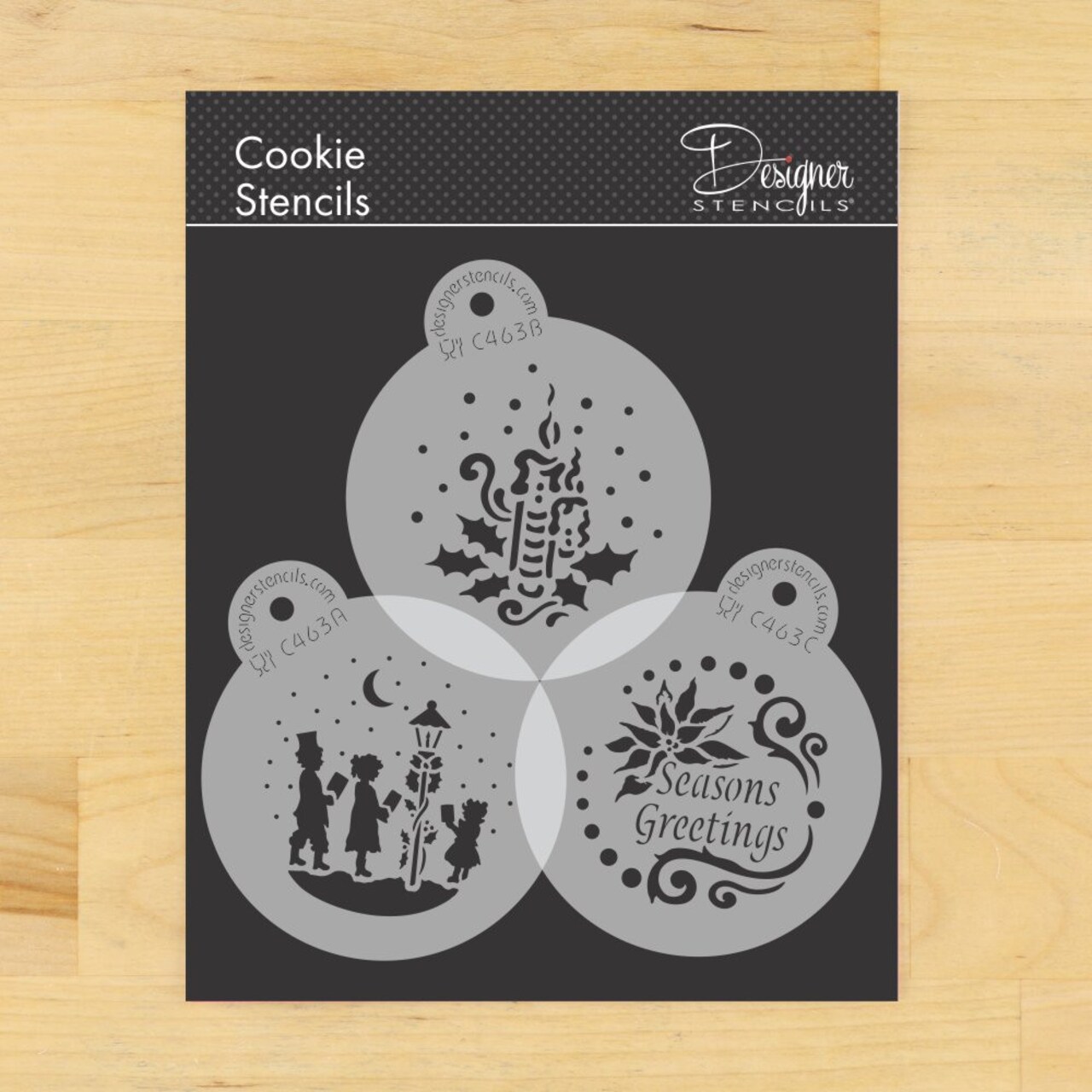 Seasons Greetings Round Cookie Stencil Set | C463 by Designer Stencils | Cookie Stencils for Royal Icing, Airbrush, Dusting Powder |